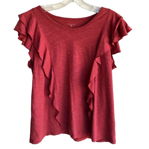 Garnet Hill Brick Red - Coral Slub Knit T Shirt with Ruffles size M - Picture 1 of 8